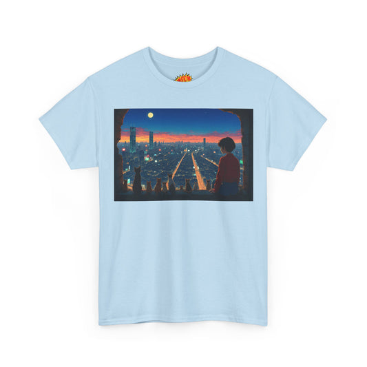 Neon Cityscape Anime Scene w/Girl & Cats T-Shirt *Multiple Colors*