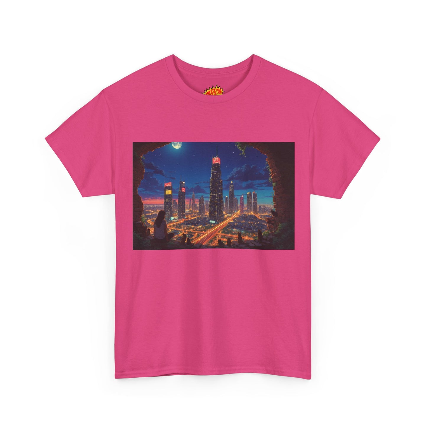 Anime Cityscape Night Scene w/Girl & Cats T-Shirt *Multiple Colors*