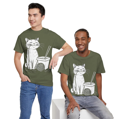 Happy Cat w/Noodles + Yarn Ball Art Drawing Tee Shirt