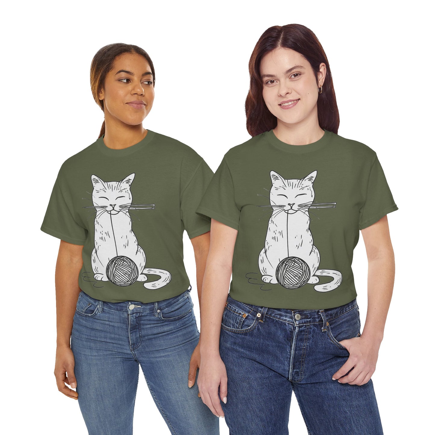 White Cat w/Yarn Ball Art Drawing Tee Shirt *Multiple Colors*