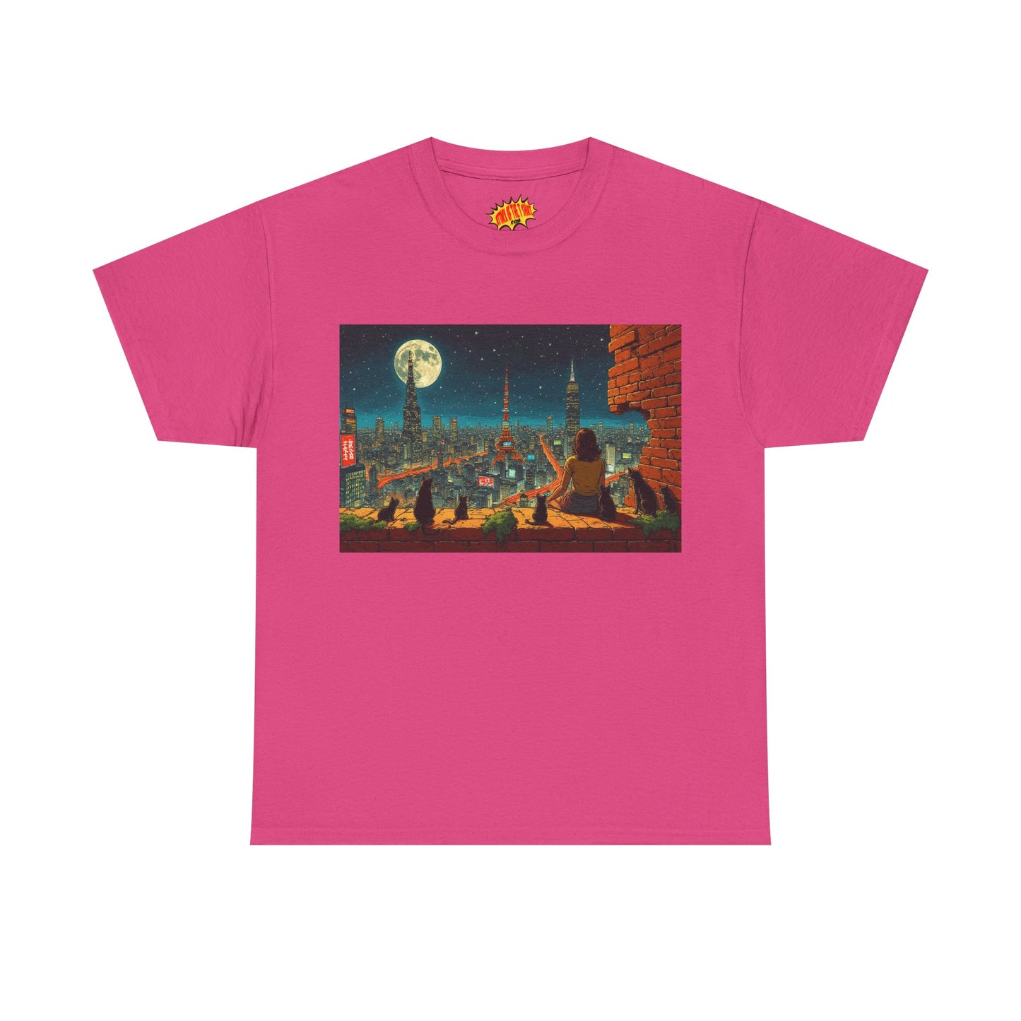 Anime Cityscape Full Moon Scene w/Girl & Cats T-Shirt *Multiple Colors*
