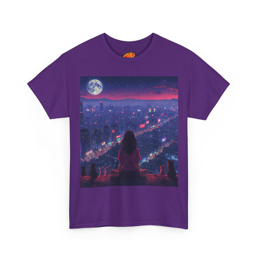 Anime City Neon Night Scene w/Girl & Cats T-Shirt *Multiple Colors*