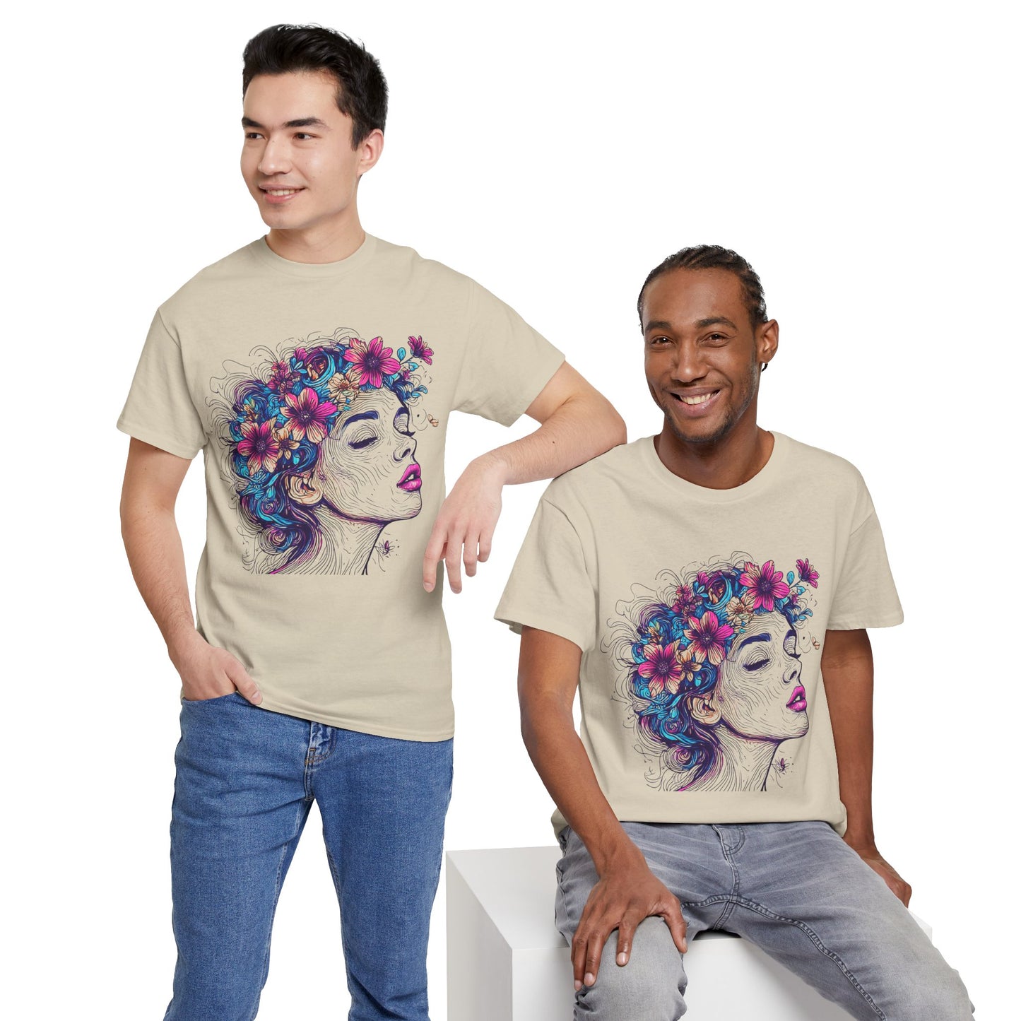 Multicolor Line Drawing Human Flower Graphic Art Tee Shirt *Multiple Colors*
