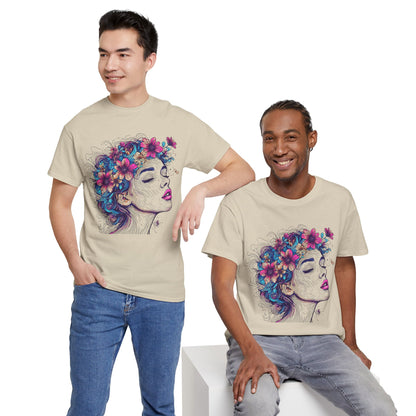 Multicolor Line Drawing Human Flower Graphic Art Tee Shirt