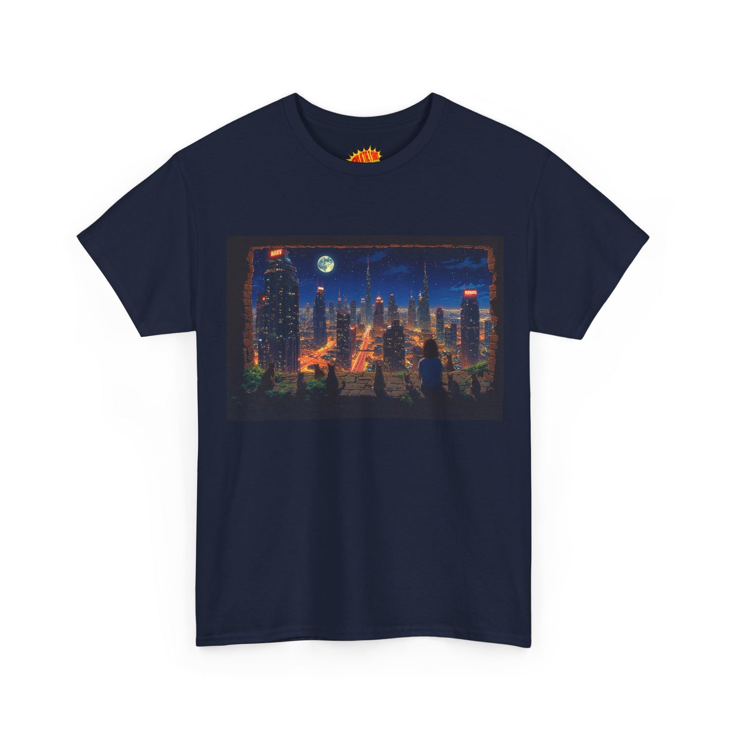 Neon Anime Cityscape Full Moon w/Girl & Cats T-Shirt *Multiple Colors*