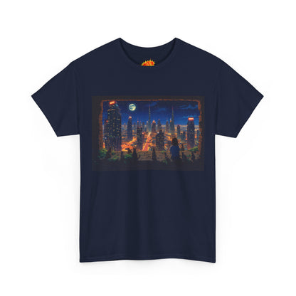 Neon Anime Cityscape Full Moon w/Girl & Cats T-Shirt