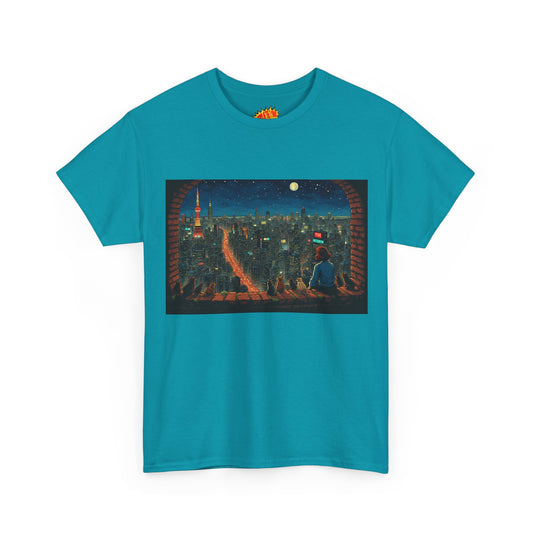 Vintage Anime Style Cityscape Night View w/Girl & Cats T-Shirt *Multiple Colors*