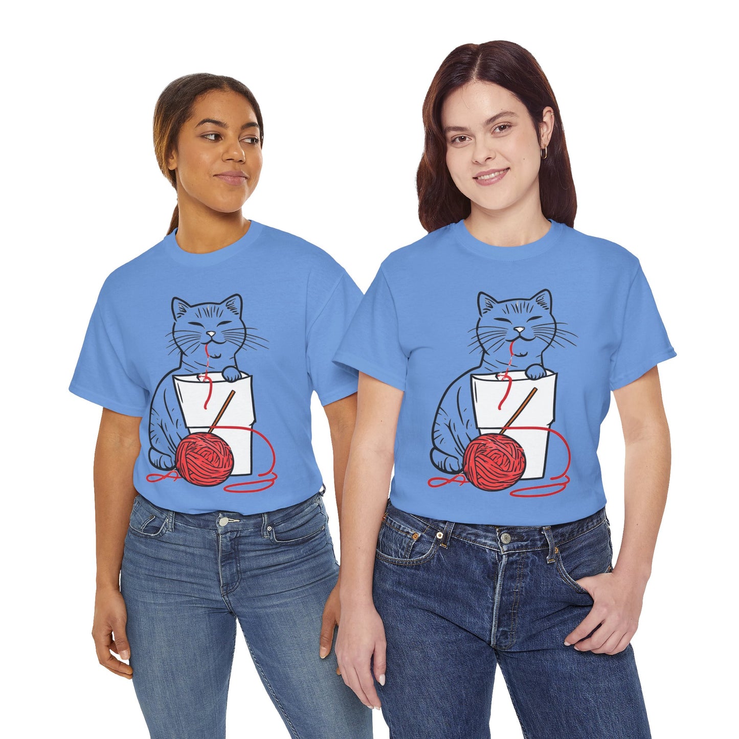 Cat w/Noodle Cup + Yarn Ball Art Drawing Tee Shirt *Multiple Colors*
