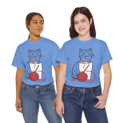 Cat w/Noodle Cup + Yarn Ball Art Drawing Tee Shirt
