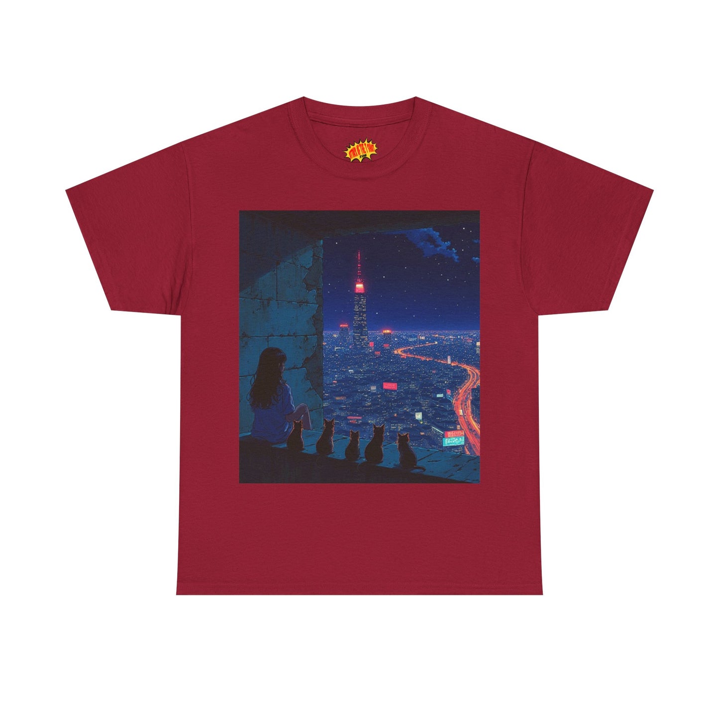 Anime Cityscape Night Scene w/Girl & Cats T-Shirt *Multiple Colors*