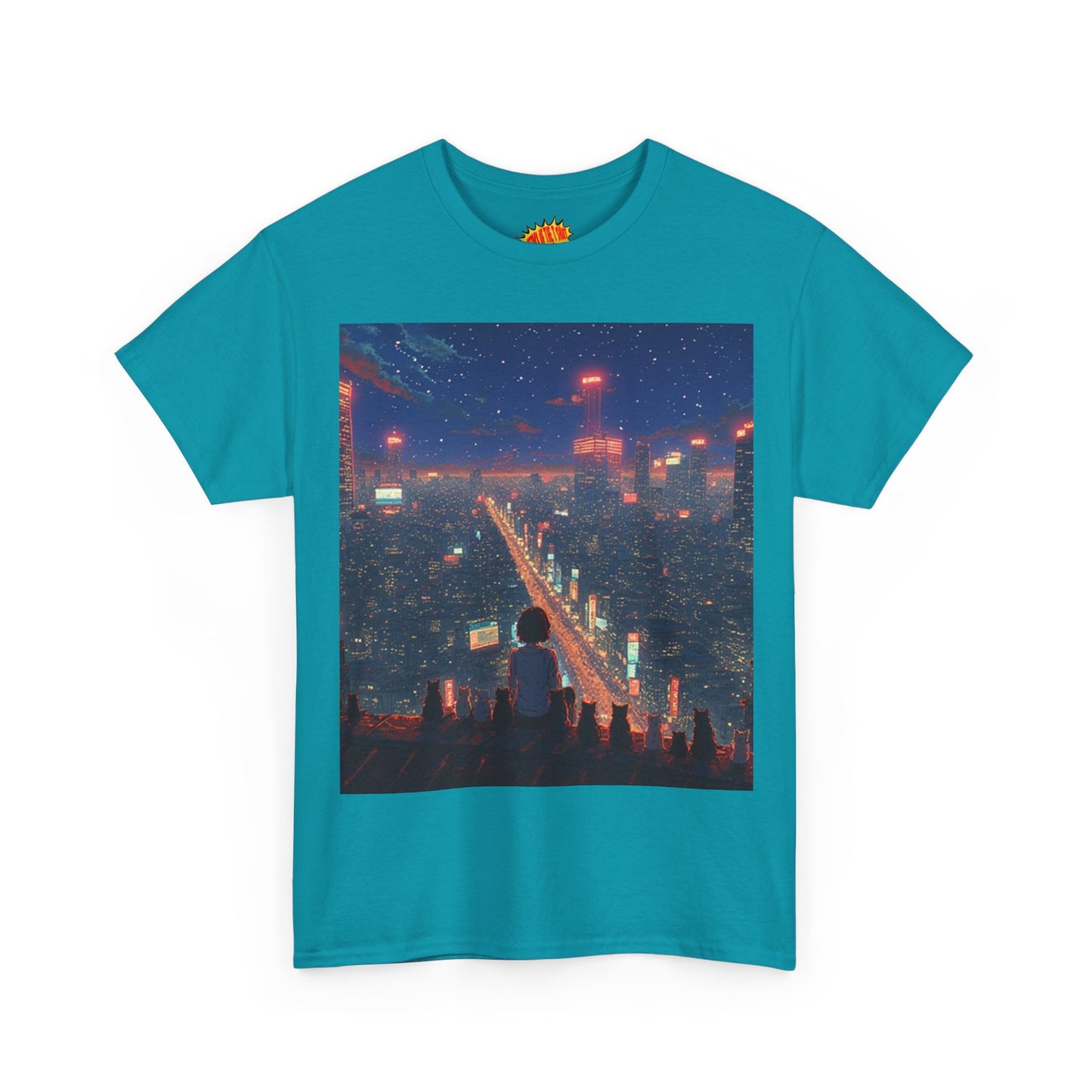 Nighttime Neon Anime City Scene w/Girl & Cats T-Shirt *Multiple Colors*