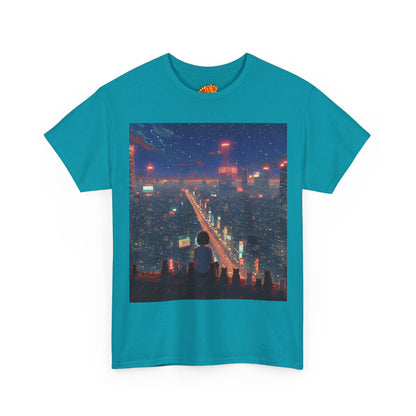 Nighttime Neon Anime City Scene w/Girl & Cats T-Shirt
