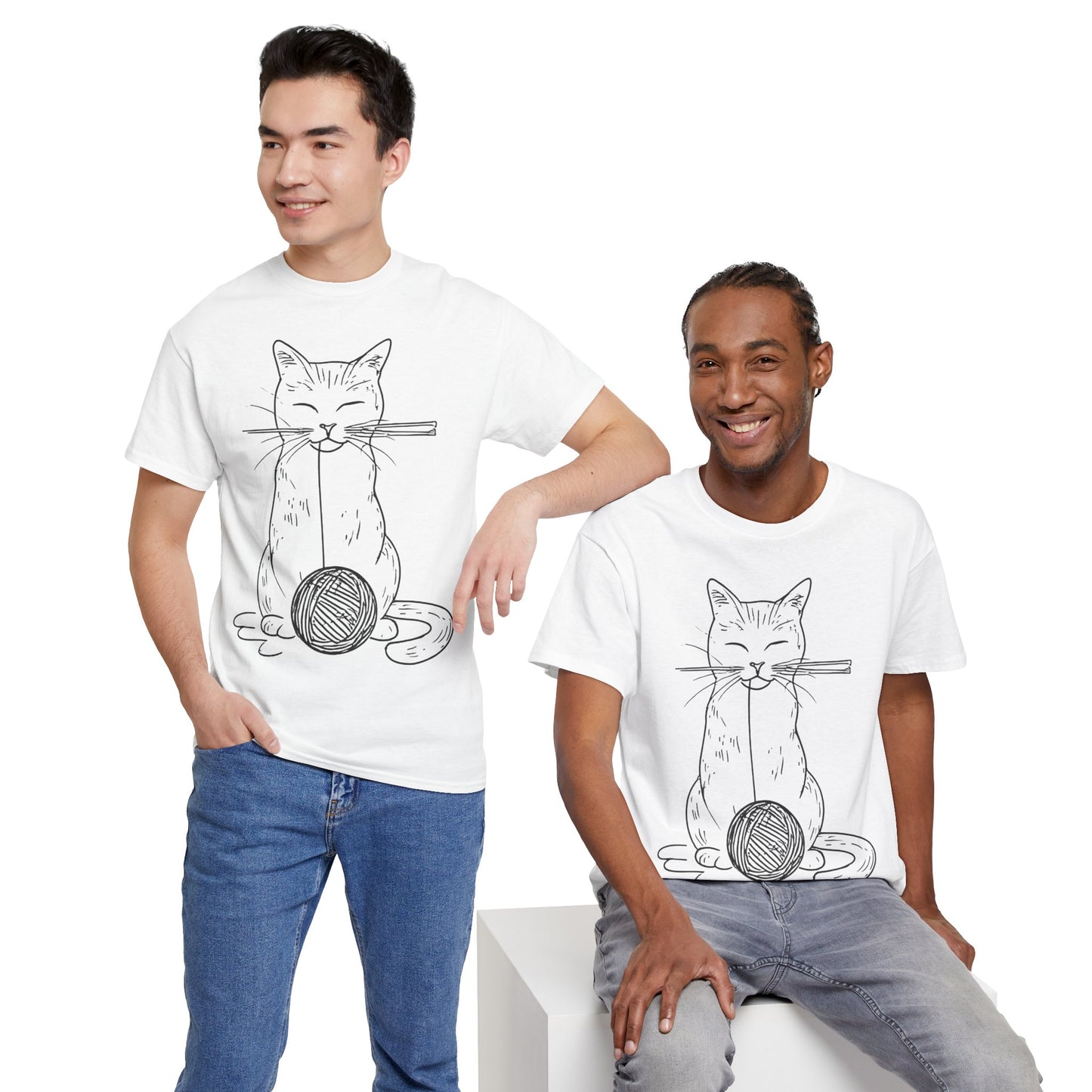 Cat w/Yarn Ball Line Art Drawing Tee Shirt *Multiple Colors*
