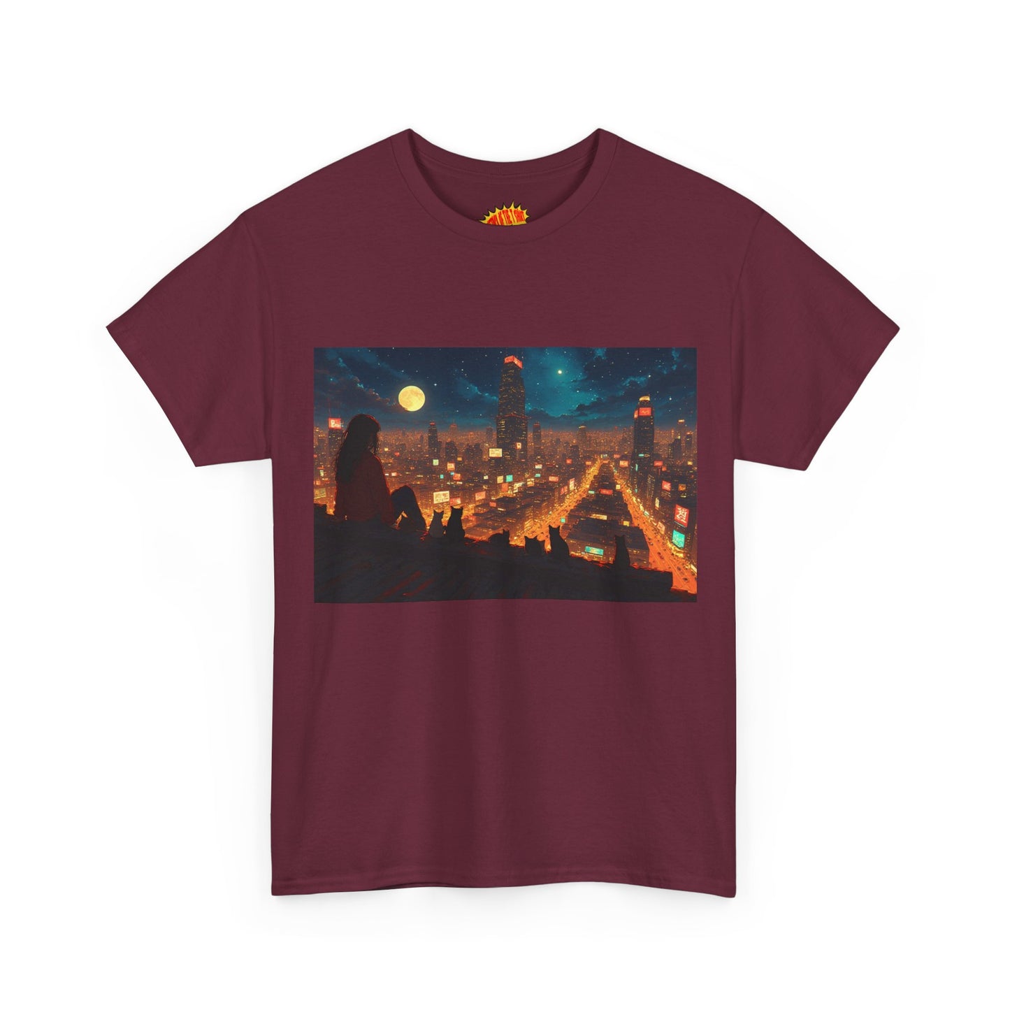 Anime Style Neon City Scene w/Girl & Cats T-Shirt *Multiple Colors*