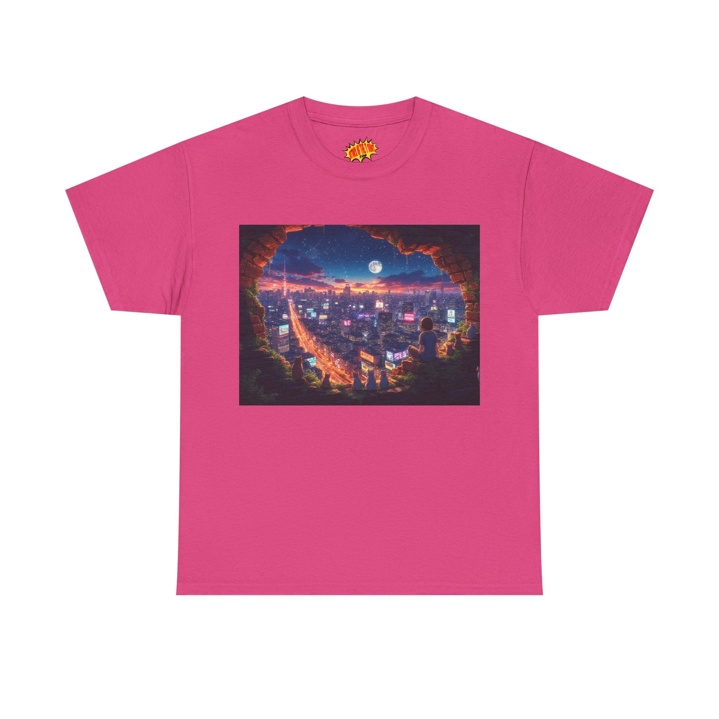 Anime Neon City Nighttime Scene w/Girl & Cats T-Shirt *Multiple Colors*