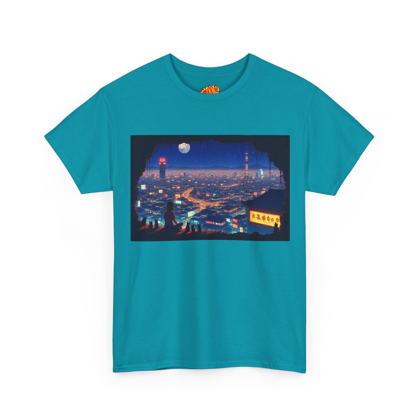 Anime Neon Cityscape Scene w/Girl & Cats T-Shirt *Multiple Colors*