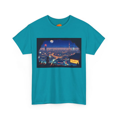 Anime Neon Cityscape Scene w/Girl & Cats T-Shirt