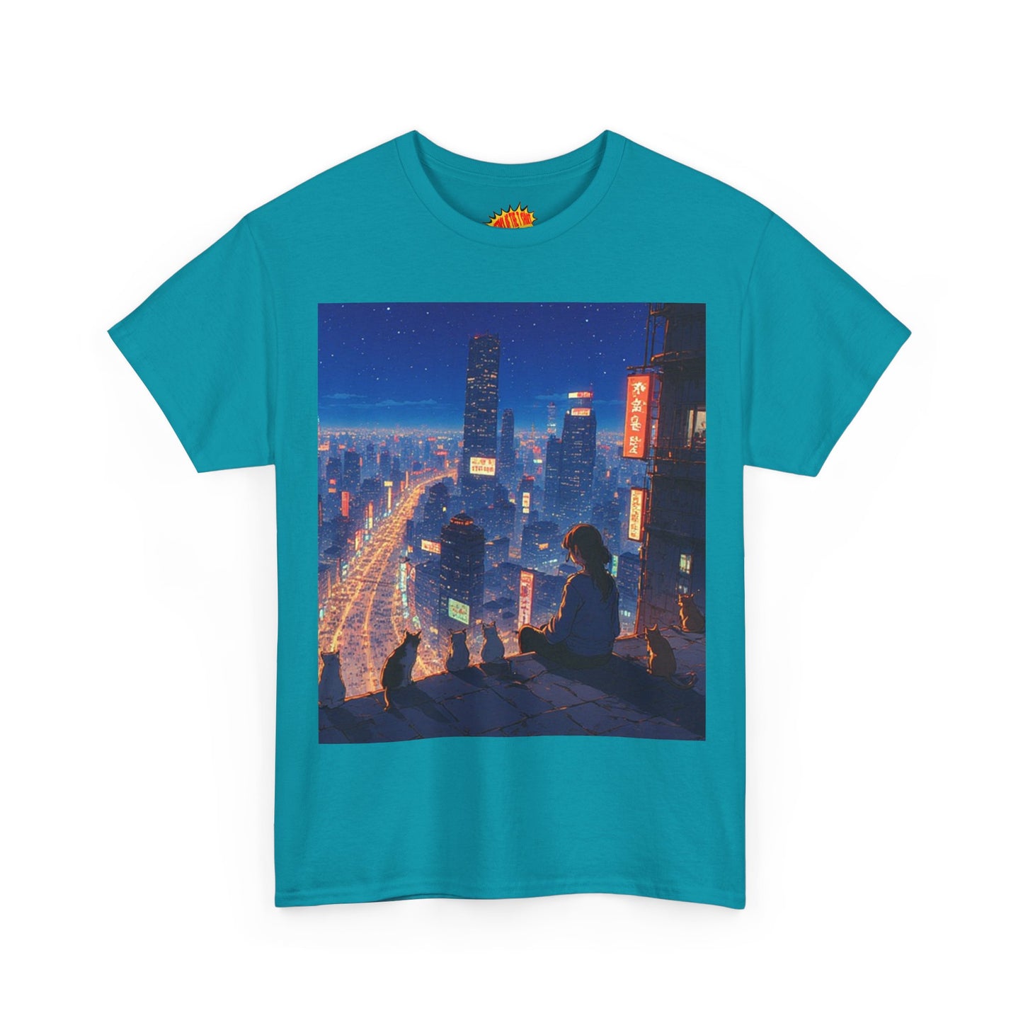 Neon Anime City Night Scene w/Girl & Cats T-Shirt *Multiple Colors*