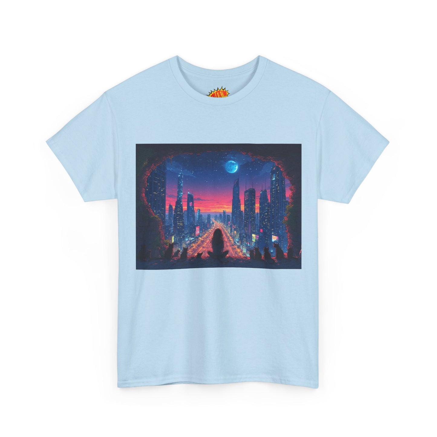 Anime Neon Cityscape Full Moon w/Girl & Cats T-Shirt *Multiple Colors*