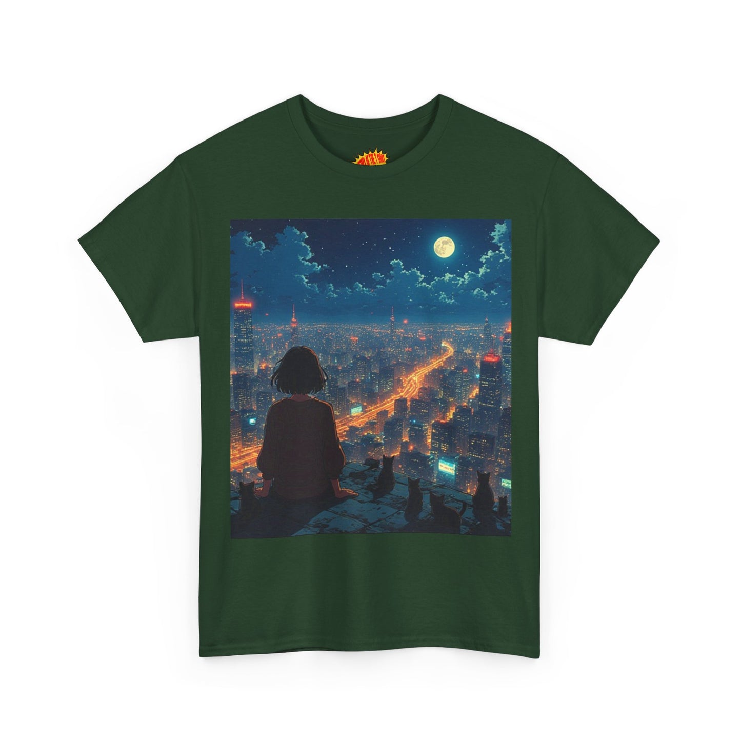 Neon City Anime Night Scene w/Girl & Cats T-Shirt *Multiple Colors*