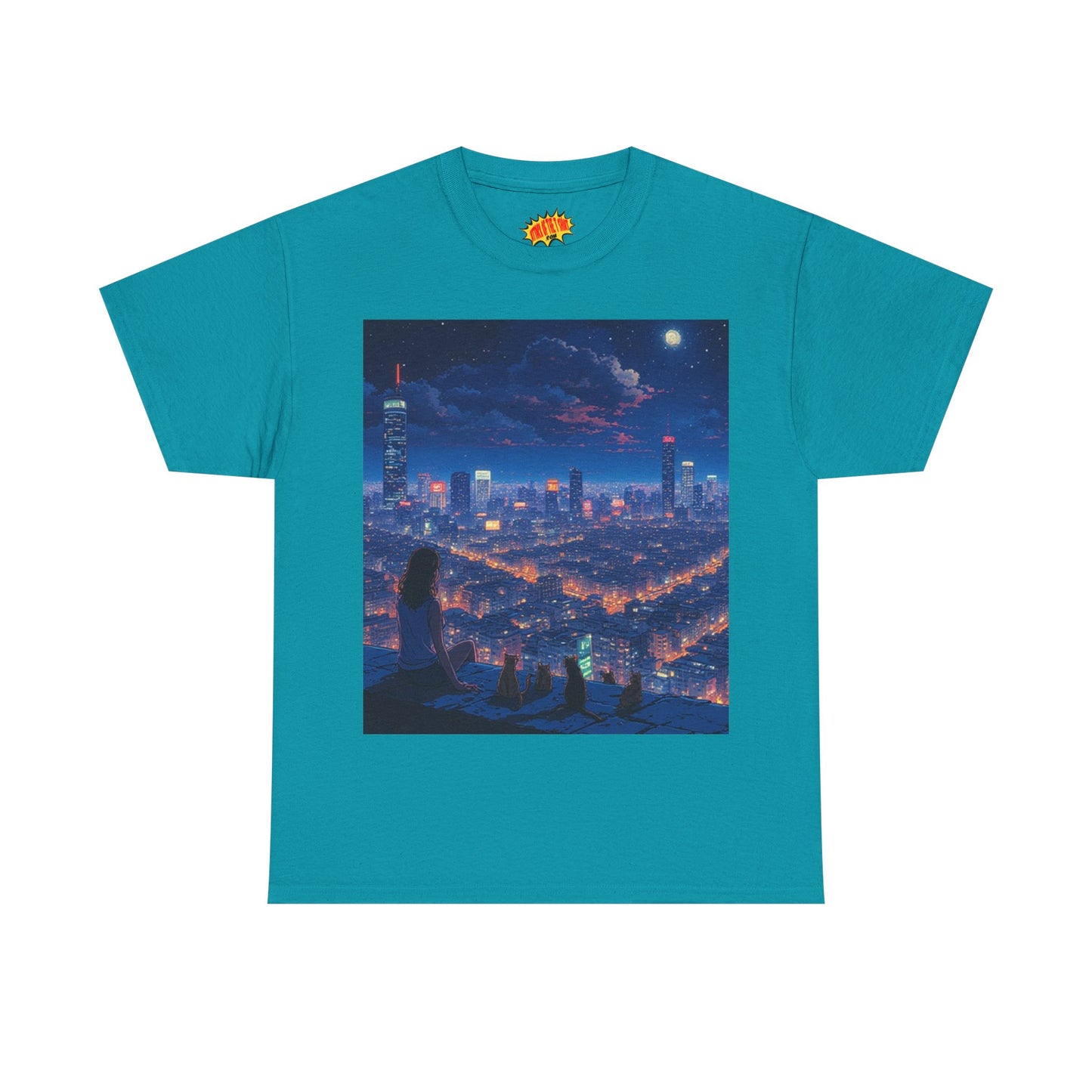 Neon Anime Cityscape Scene w/Girl & Cats T-Shirt *Multiple Colors*