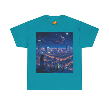 Neon Anime Cityscape Scene w/Girl & Cats T-Shirt