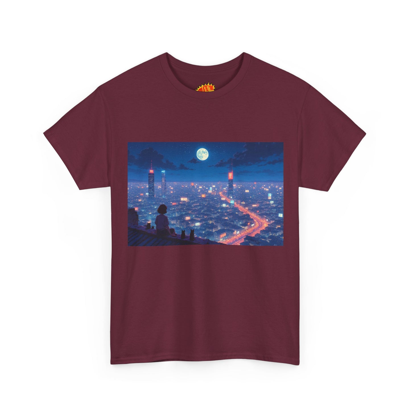 Anime Neon City Full Moon Scene w/Girl & Cats T-Shirt *Multiple Colors*