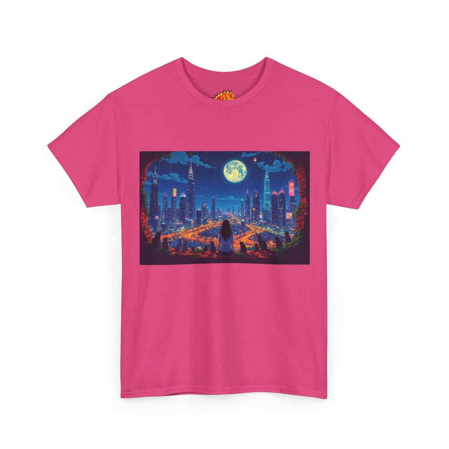 Anime City Night Scene w/Girl & Cats T-Shirt *Multiple Colors*