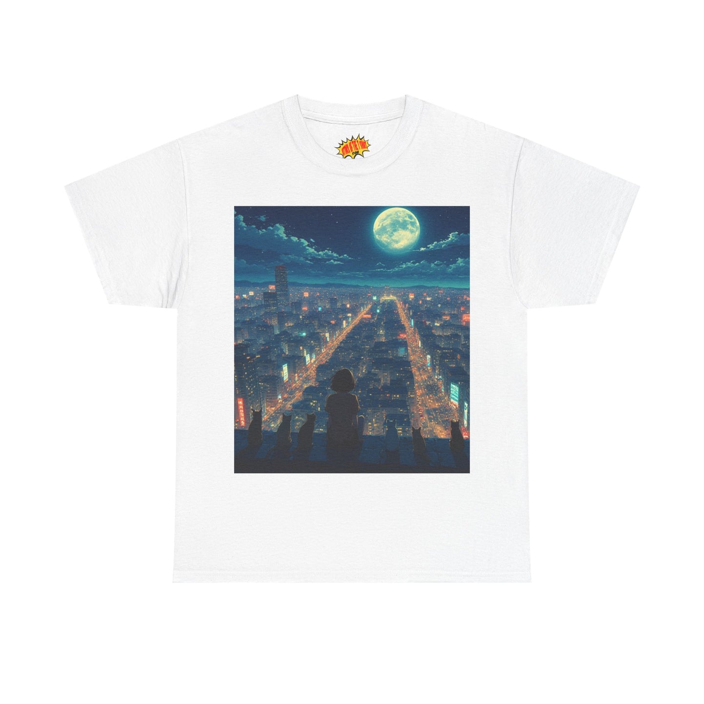 Anime City Full Moon Scene w/Girl & Cats T-Shirt *Multiple Colors*