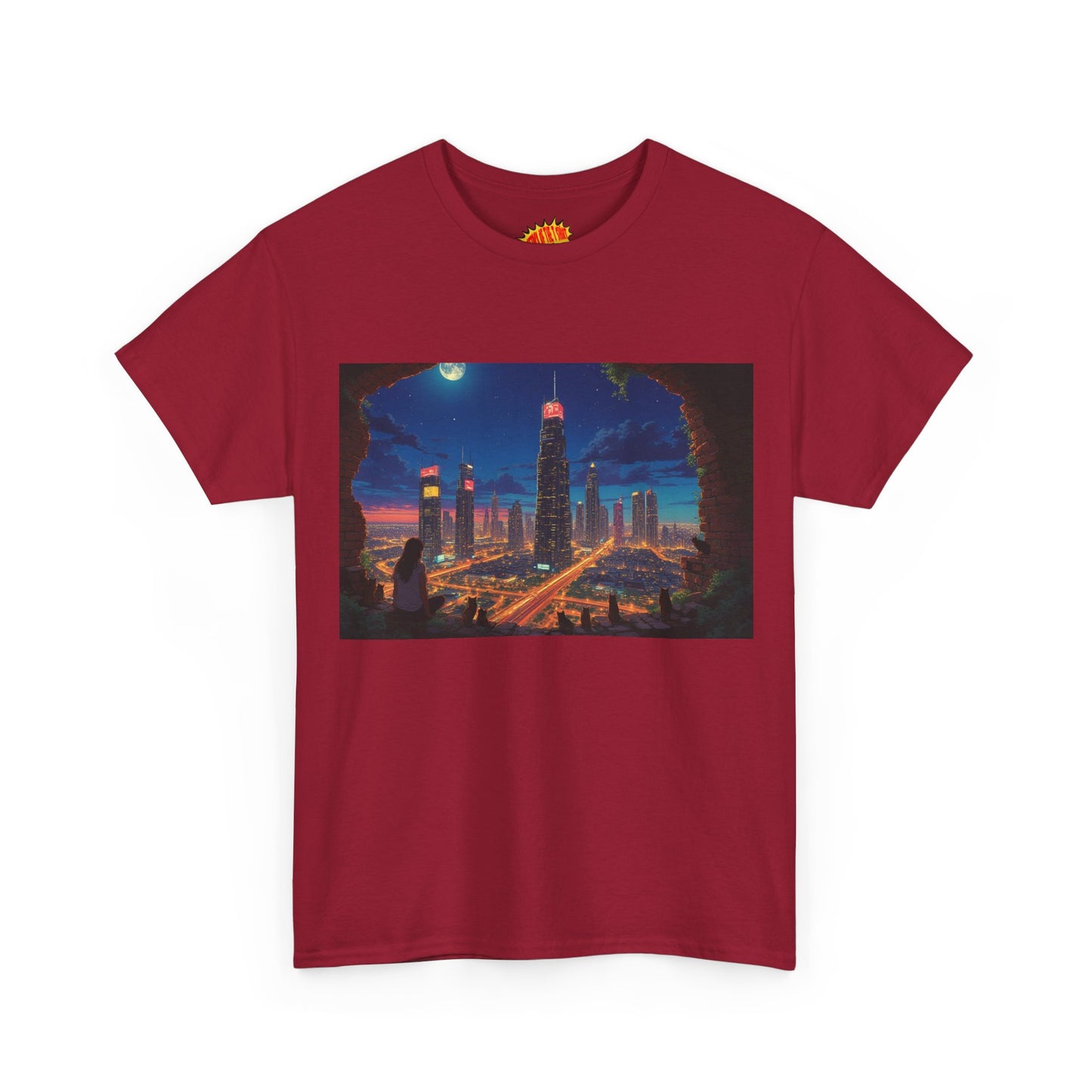 Anime Cityscape Night Scene w/Girl & Cats T-Shirt *Multiple Colors*