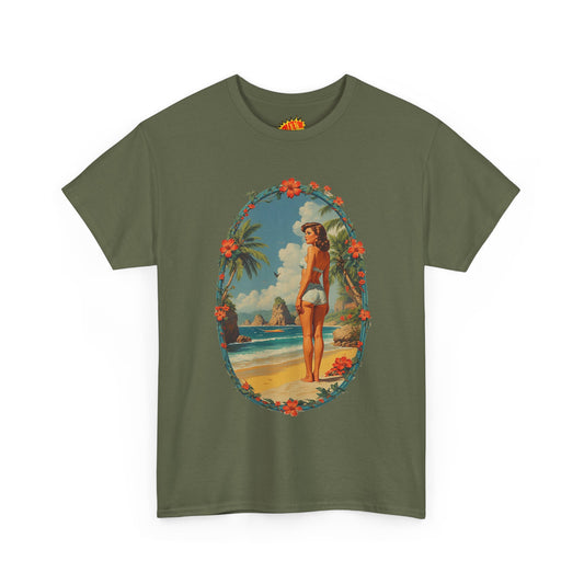 Vintage Tropical Woman Beach Scene T-Shirt *Multiple Colors*