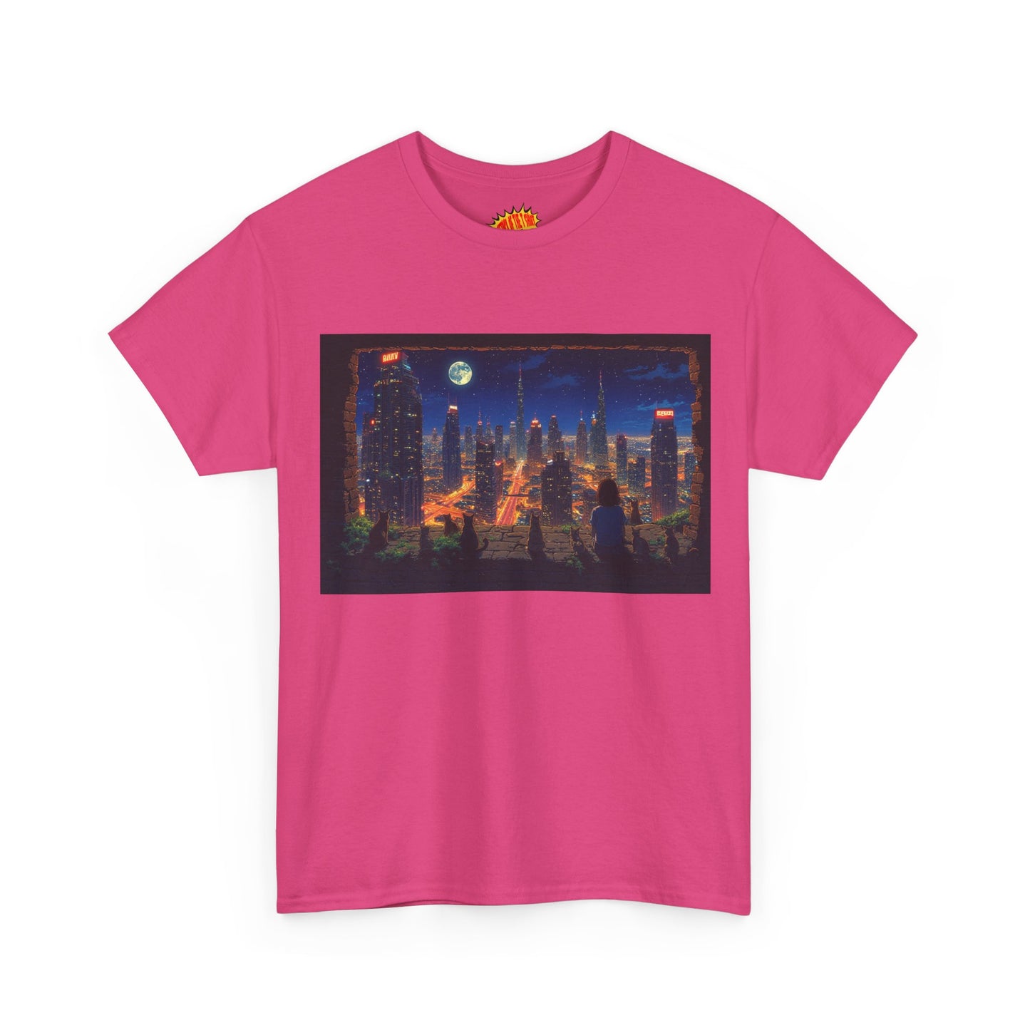Neon Anime Cityscape Full Moon w/Girl & Cats T-Shirt *Multiple Colors*