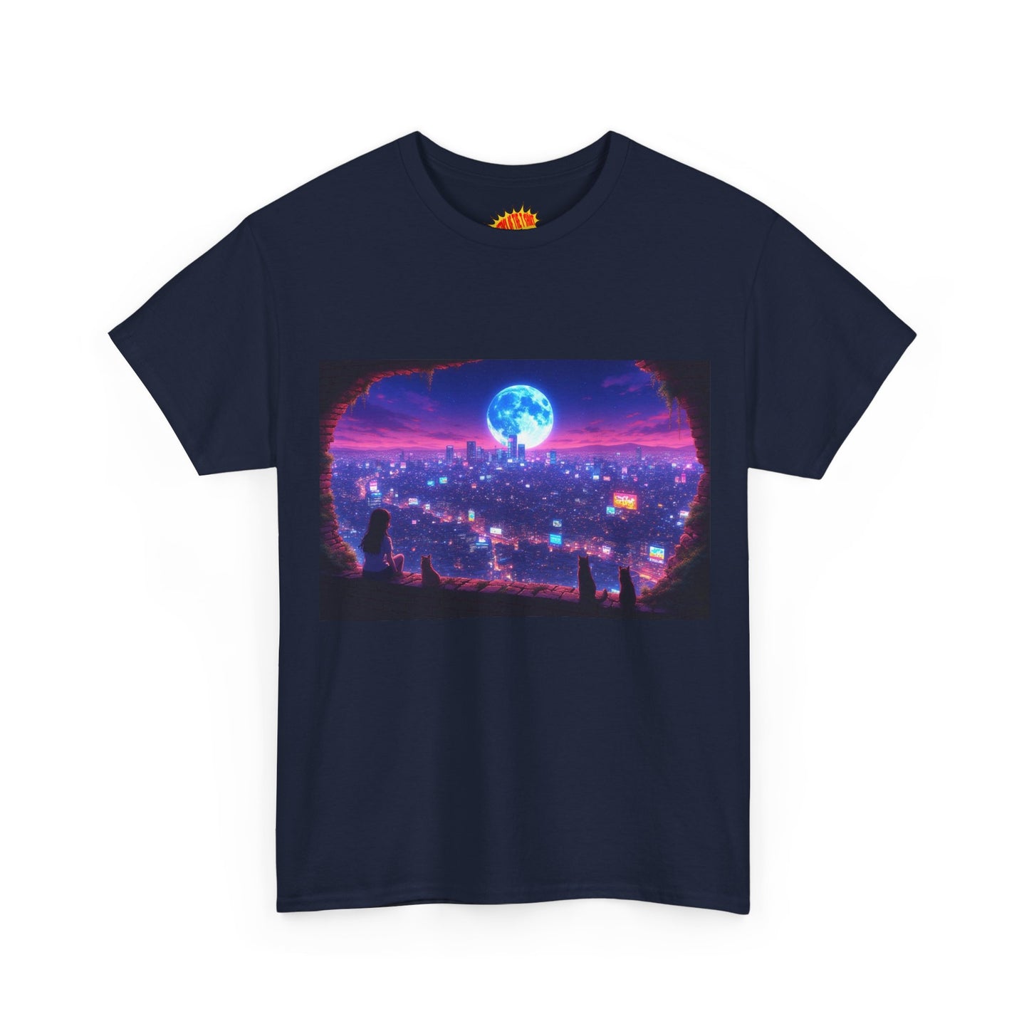 Neon Anime Cityscape Full Moon Scene w/Girl & Cats T-Shirt *Multiple Colors*