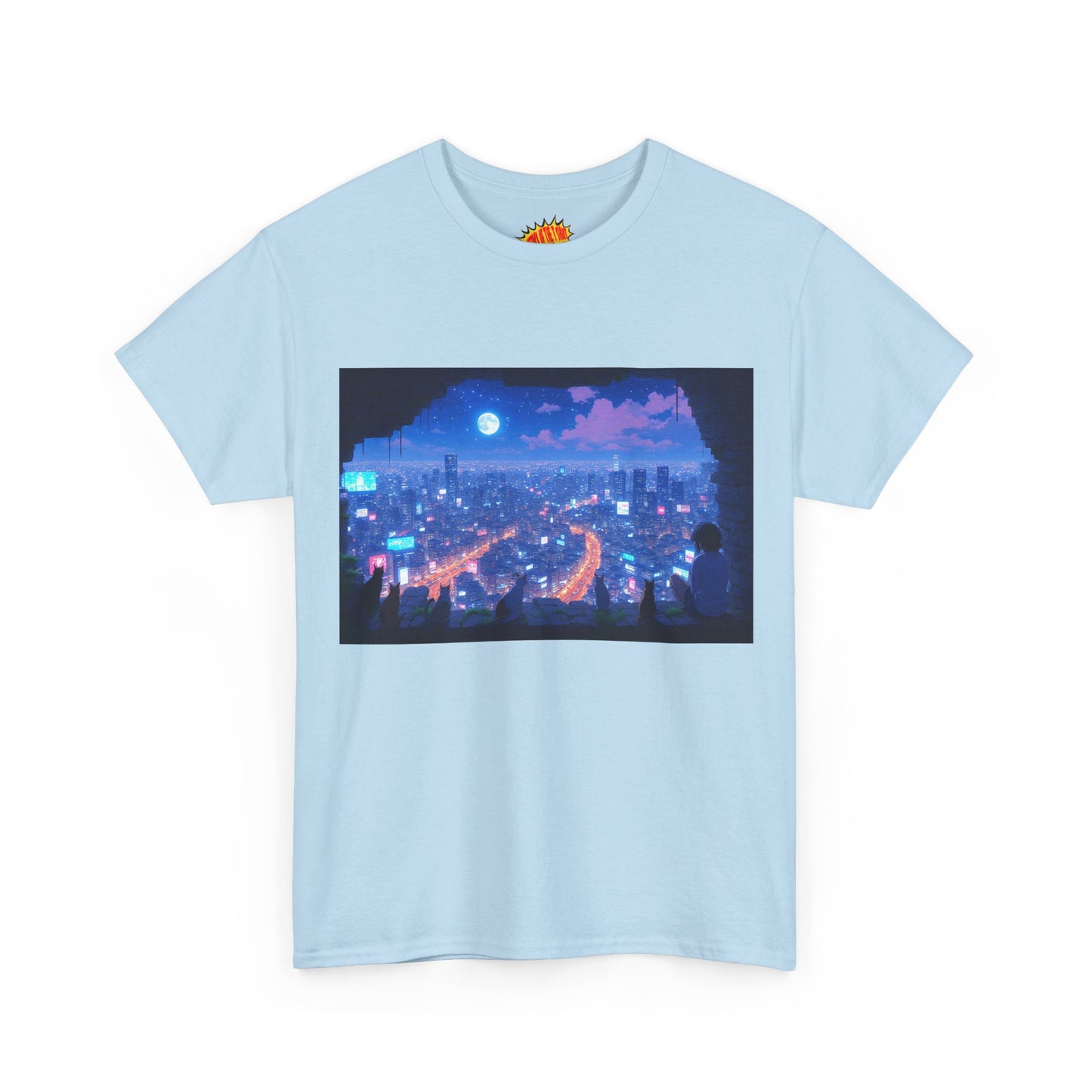 Anime Neon Cityscape Night Scene w/Girl & Cats T-Shirt *Multiple Colors*