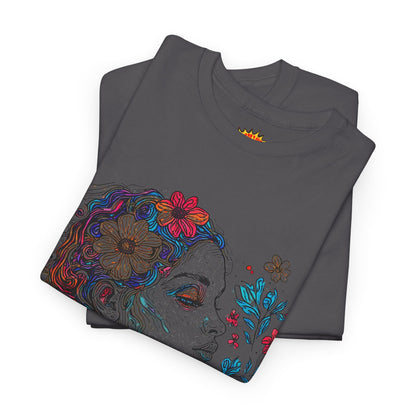 Multicolor Line Drawing Human Graphic Flower Art Tee Shirt