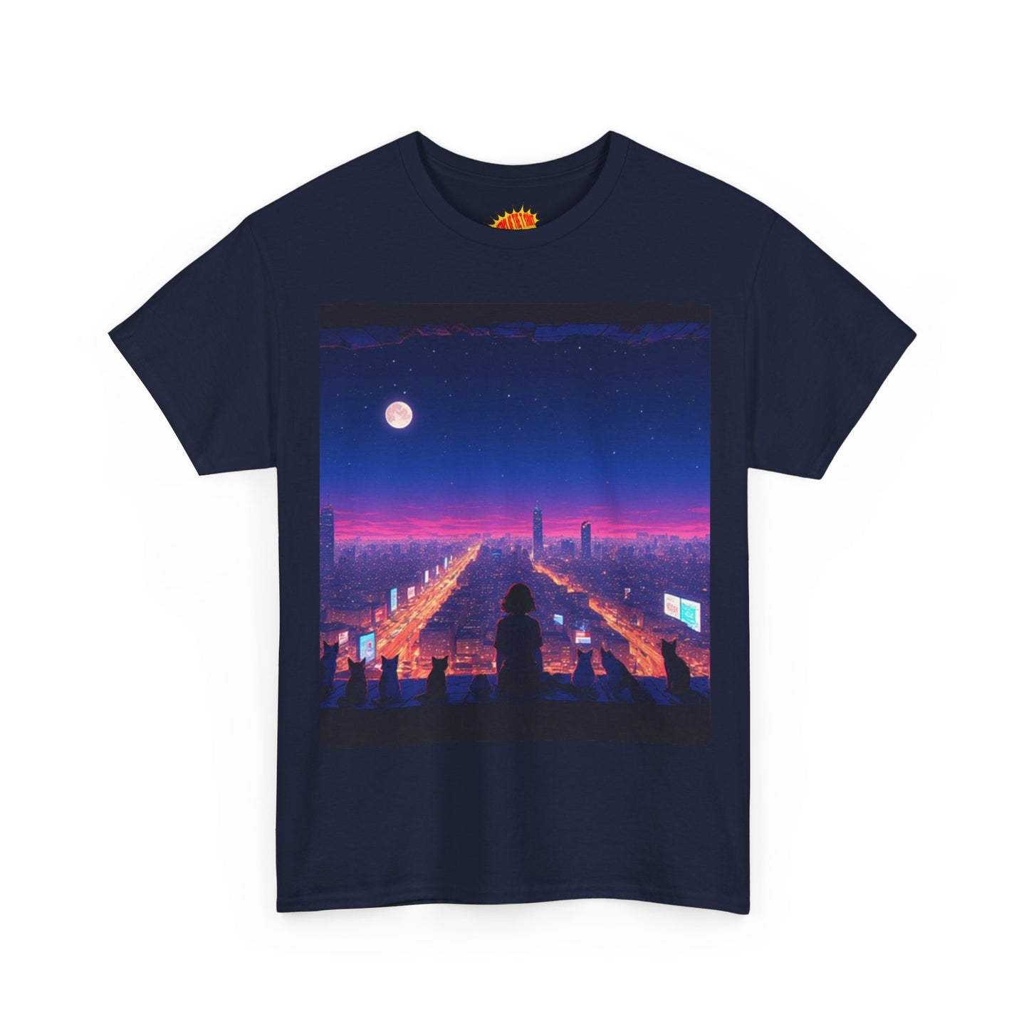Anime City Full Moon Scene w/Girl & Cats T-Shirt *Multiple Colors*