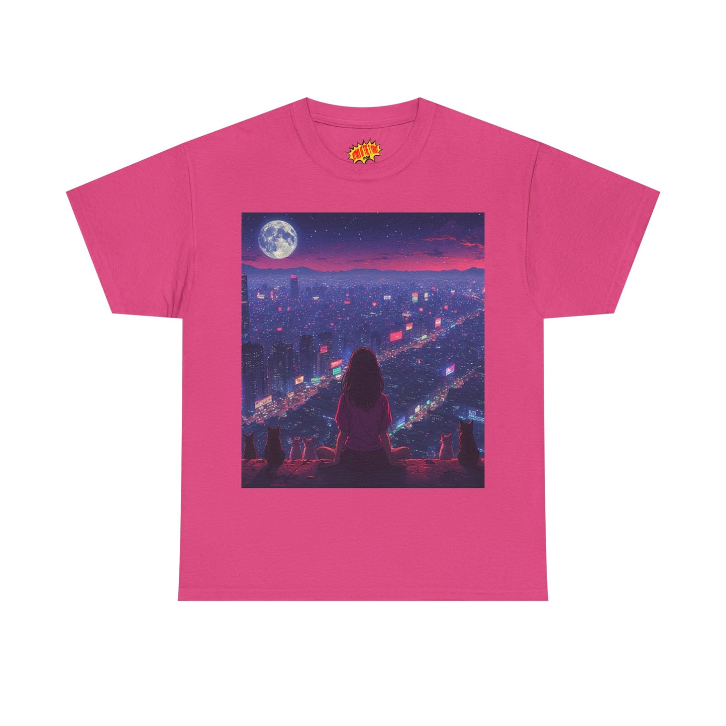 Anime City Neon Night Scene w/Girl & Cats T-Shirt *Multiple Colors*