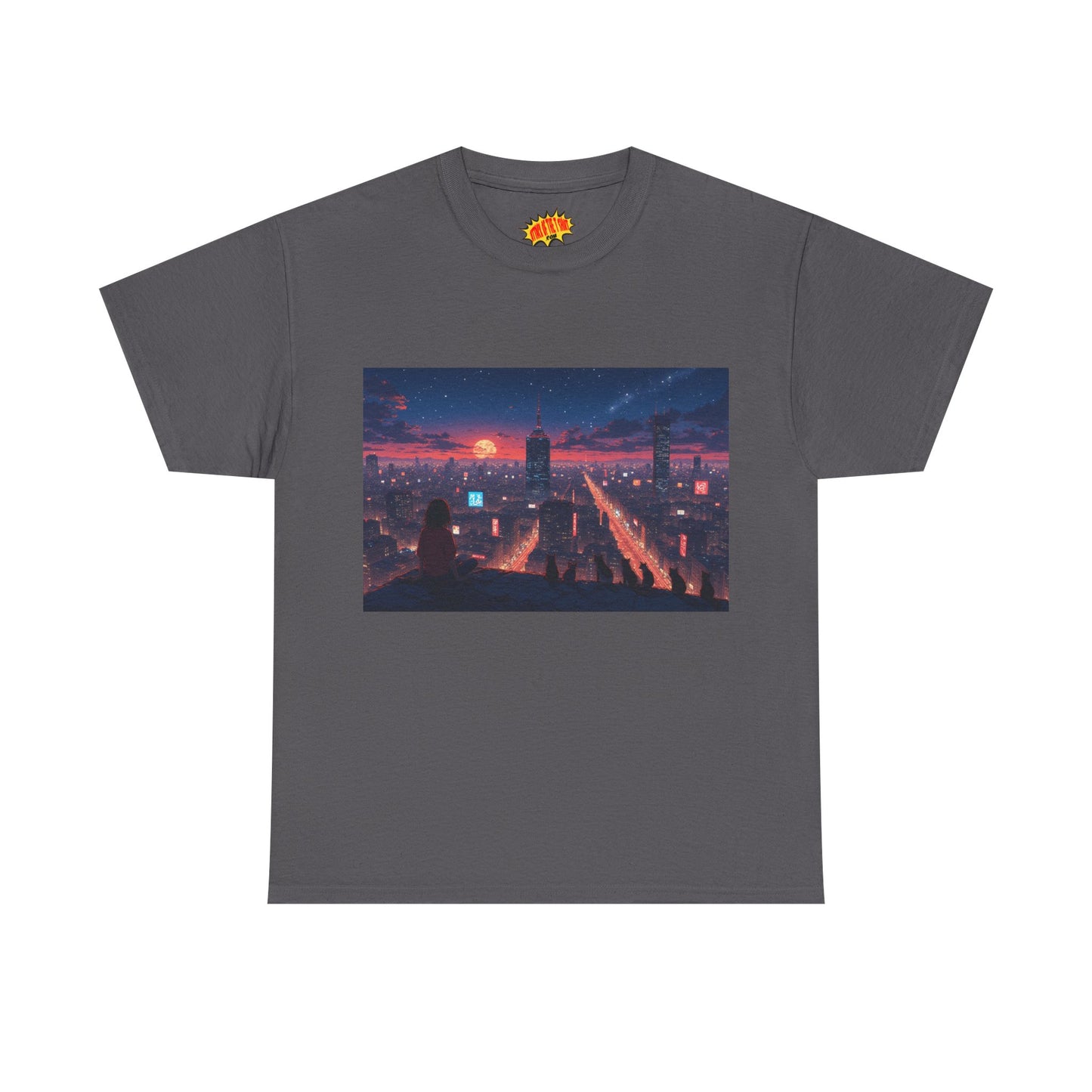 Anime Style City Sunset Scene w/Girl & Cats T-Shirt *Multiple Colors*