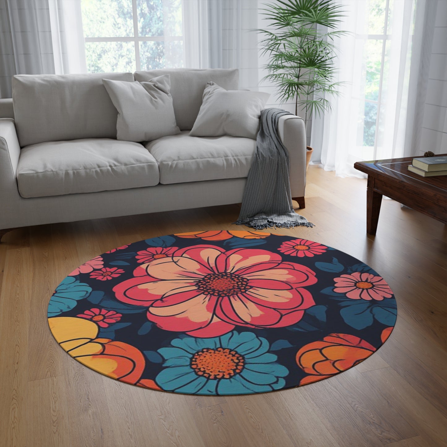 Retro Flower Pattern 60's/70's Style Area Rug - 60in Diameter Round Rug 8