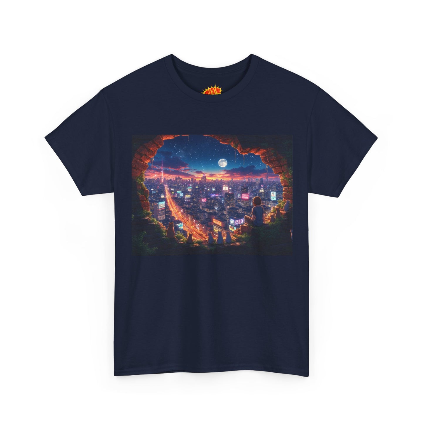 Anime Neon City Nighttime Scene w/Girl & Cats T-Shirt *Multiple Colors*