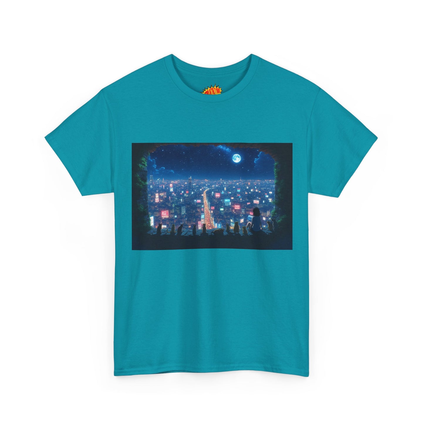 Anime City Neon Night Scene w/Girl & Cats T-Shirt *Multiple Colors*