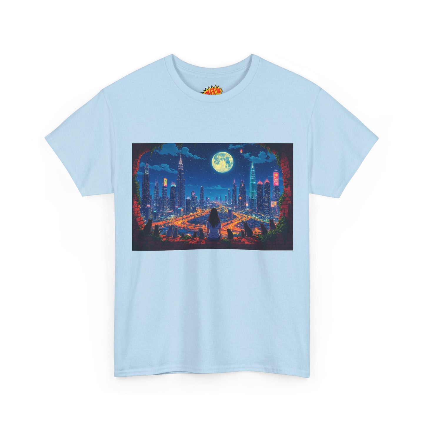 Anime City Night Scene w/Girl & Cats T-Shirt *Multiple Colors*