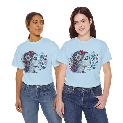 Multicolor Line Drawing Human Graphic Flower Art Tee Shirt