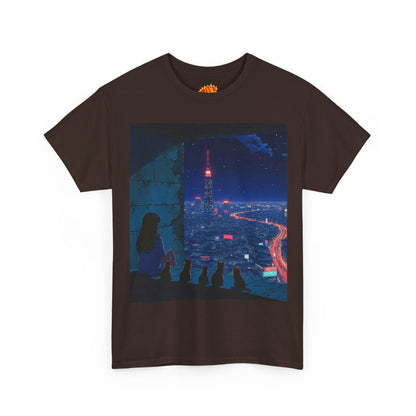 Anime Cityscape Night Scene w/Girl & Cats T-Shirt