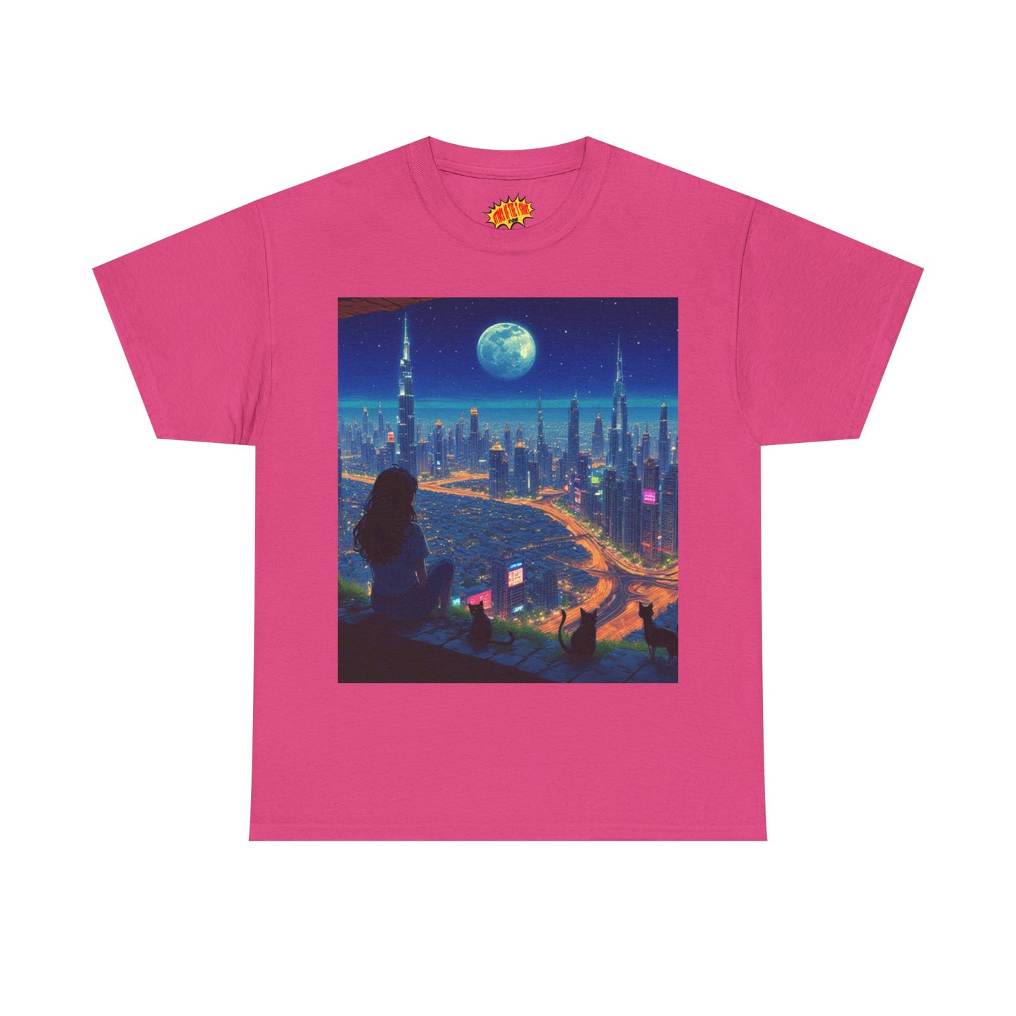 Anime City Full Moon Scene w/Girl & Cats T-Shirt *Multiple Colors*