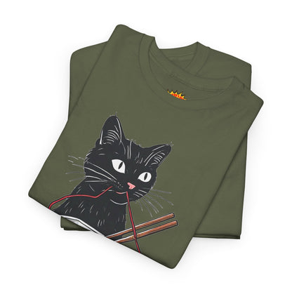 Black Cat w/Noodles + Yarn Ball Art Drawing Tee Shirt