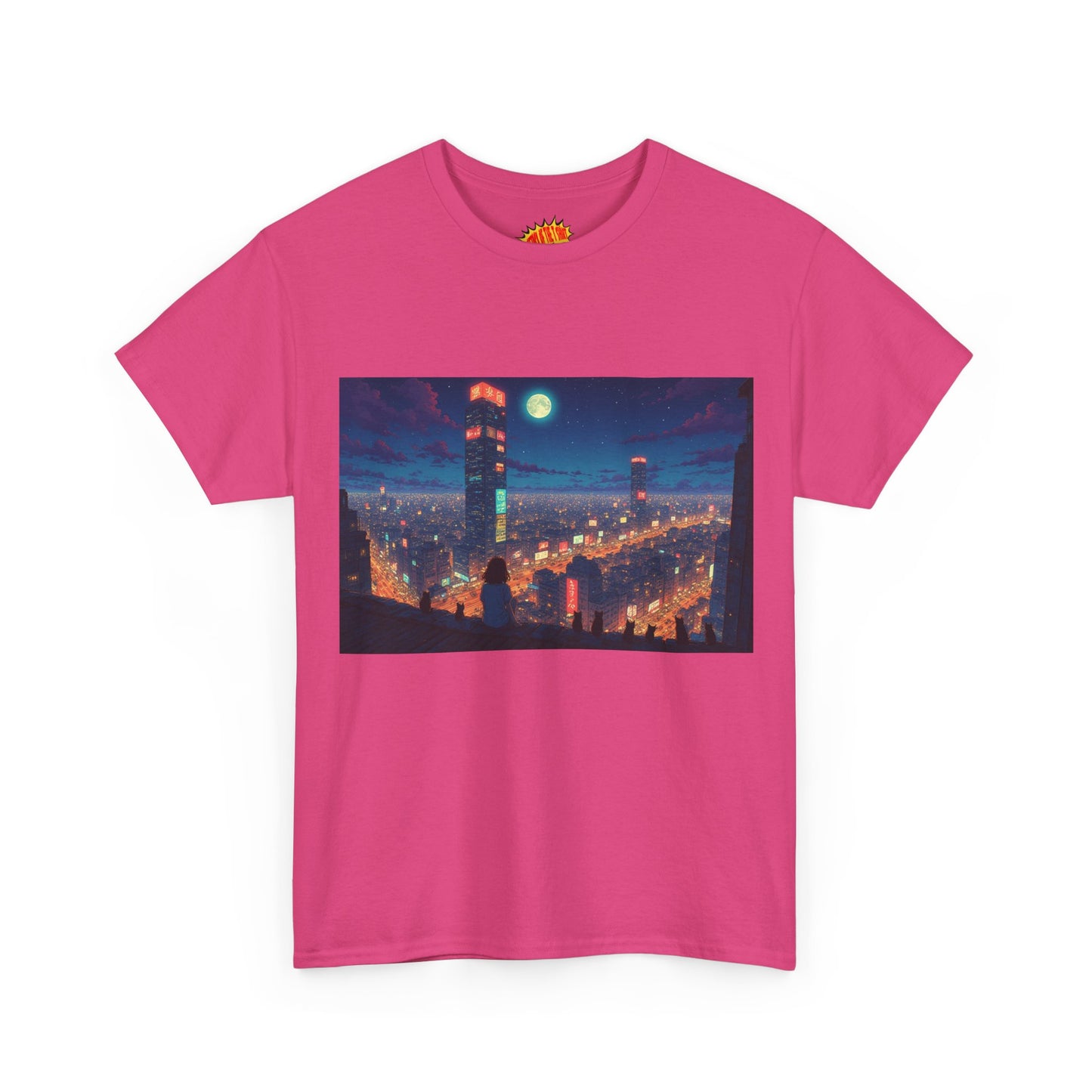 Neon Anime Style City Scene w/Girl & Cats T-Shirt *Multiple Colors*