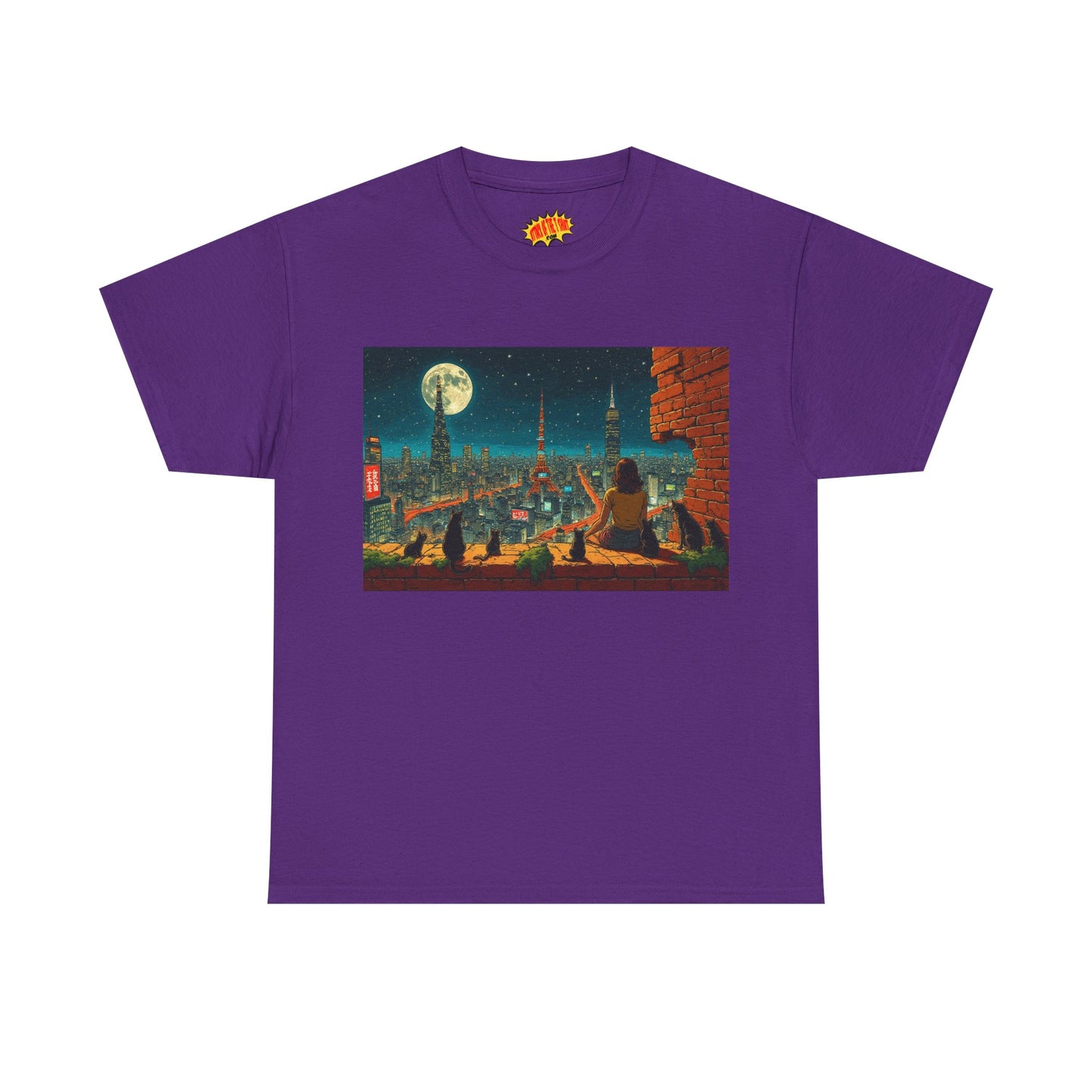 Anime Cityscape Full Moon Scene w/Girl & Cats T-Shirt *Multiple Colors*