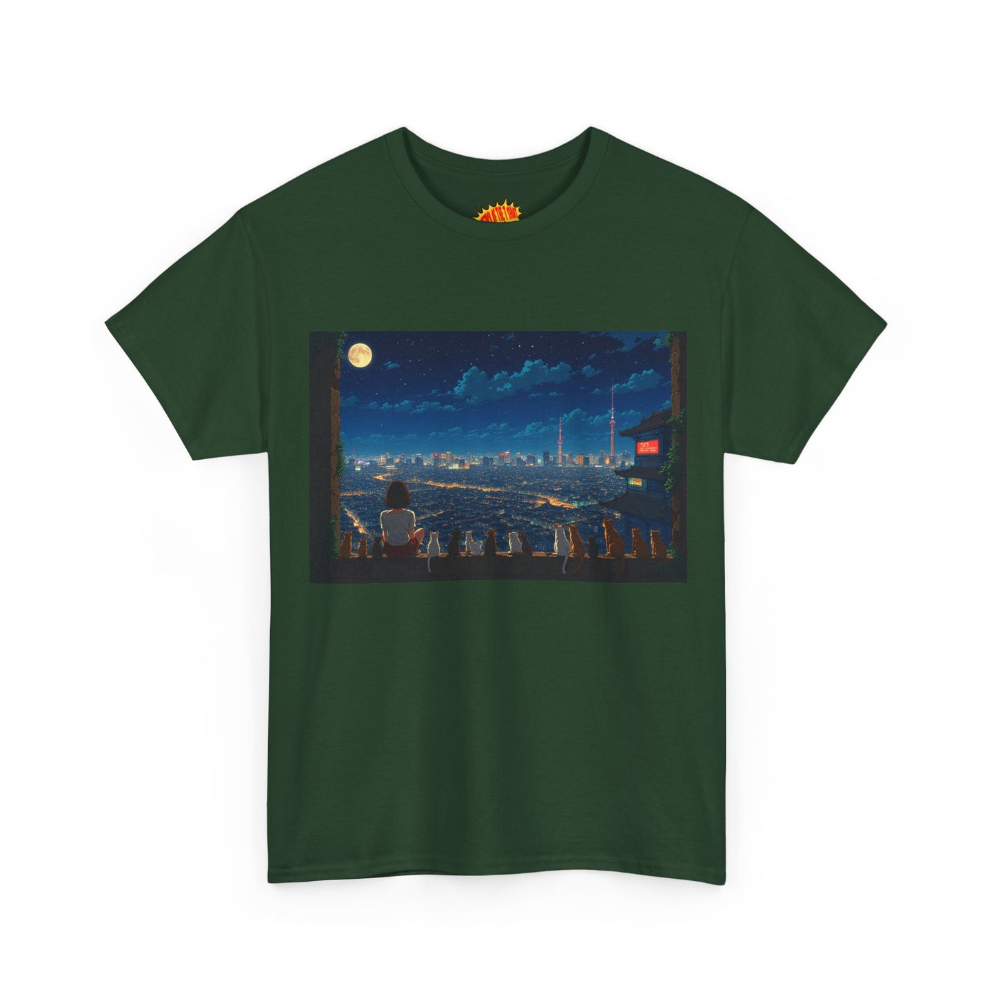 Anime City Night Sky Scene w/Girl & Cats T-Shirt *Multiple Colors*