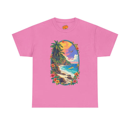 Tropical Beach Scene w/Oval Floral Frame T-Shirt